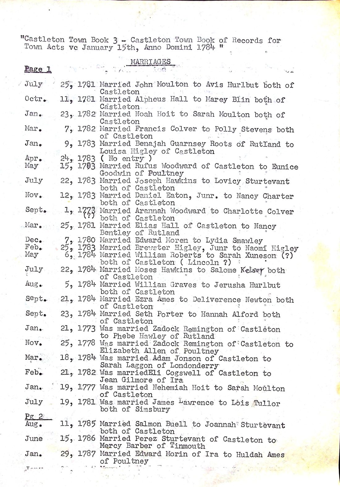 Town Book of Records No. 3 1 marriages 1781 1787